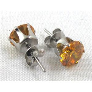 hypoallergenic Stainless steel earring with golden cubic zirconia, 15mm length,  Cubic zirconia:8mm [SSER01C05]