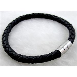 Black Leather Bracelet, magnetic clasp, 6mm dia, 8 inch length [WIRELT016]