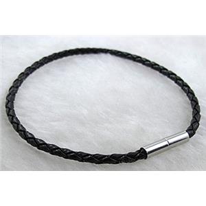 PU Leather Rope Bracelets, magnetic clasp, black, 3mm dia, 8 inch length [WIRELT020]
