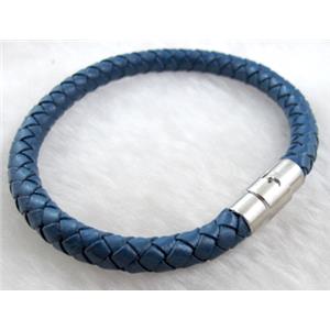 Leather Bracelet, magnetic clasp, deep blue, 6mm dia,8 inch length [WIRELT040]