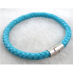 Leather Bracelet, magnetic clasp, blue, 6mm dia,8 inch length [WIRELT041]