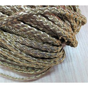 PU leather cord, flat, gold plated, braided, approx 6mm wide [WIRELT082]