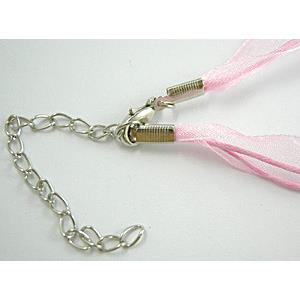 Waxed Necklace Cord, Ribbon, lobster clasp, Pink, 16 inch length, ribbon:9mm,waxed wire:1mm [WIRENW14C03]