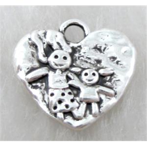 Tibetan Silver pendant heart with boy and girl, Non-Nickel, 16mm wide [ZN29194]