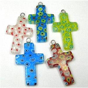 Millefiori glass crosses pendant-multi flower&mixed, approx 20x30mm [MGPD001]
