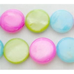 15.5 inches string of freshwater shell beads, flat-round, mixed color, 11.5mm diameter, 33 beads per st. [SHE-RD-MIX02]