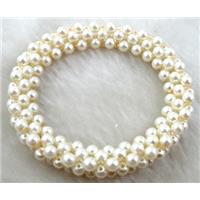 pearlized glass bracelet, stretchy, white, 10mm wide, 60mm dia, glass bead:4mm [FGBR33C01]