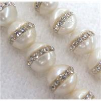 white pearl shell beads, paved rhinestone, approx 9-10mm dia [GMOT672]