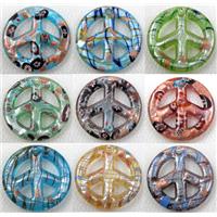 glass lampwork pendant with silver foil, peace sign, mixed color, 45mm dia [LWBPD229MIX-45MM]