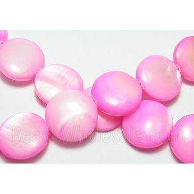 15.5 inches string of freshwater shell beads, flat-round, hot-pink