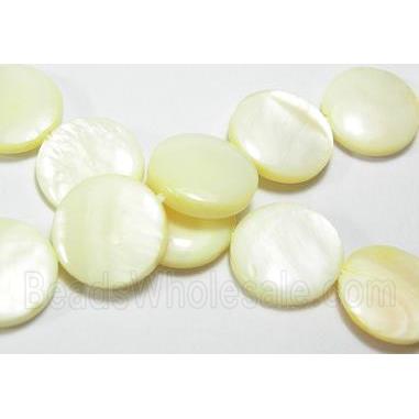 15.5 inches string of freshwater shell beads, flat-round, lt.yellow