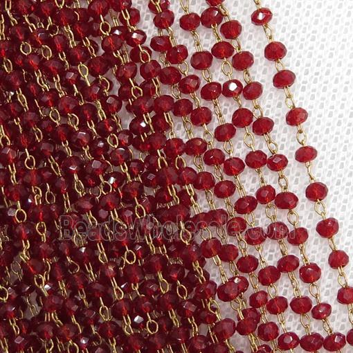 raw brass chain with red crystal glass
