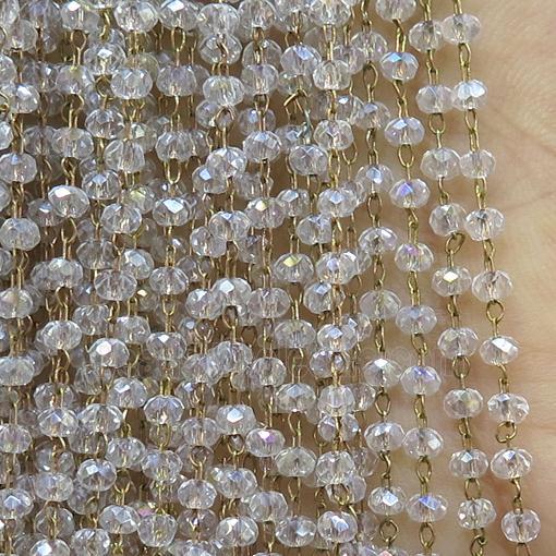 raw brass chain with crystal glass, clear AB-color
