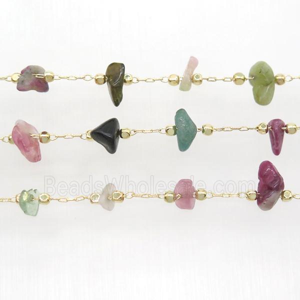 multicolor Tourmaline chip chain, gold plated
