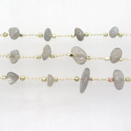 Labradorite beads chip chain, gold plated