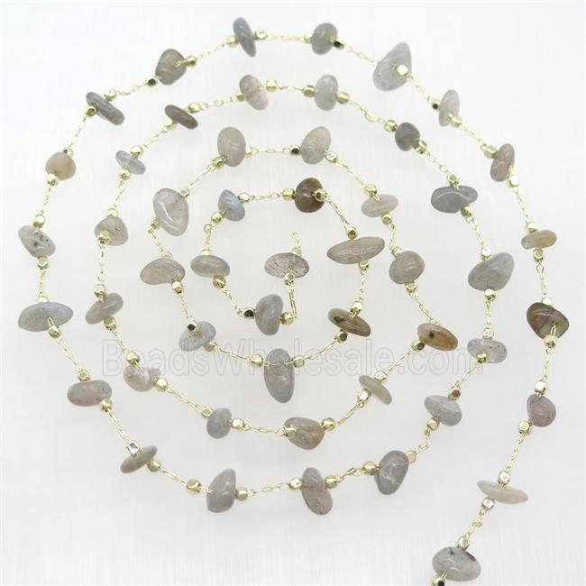 Labradorite beads chip chain, gold plated