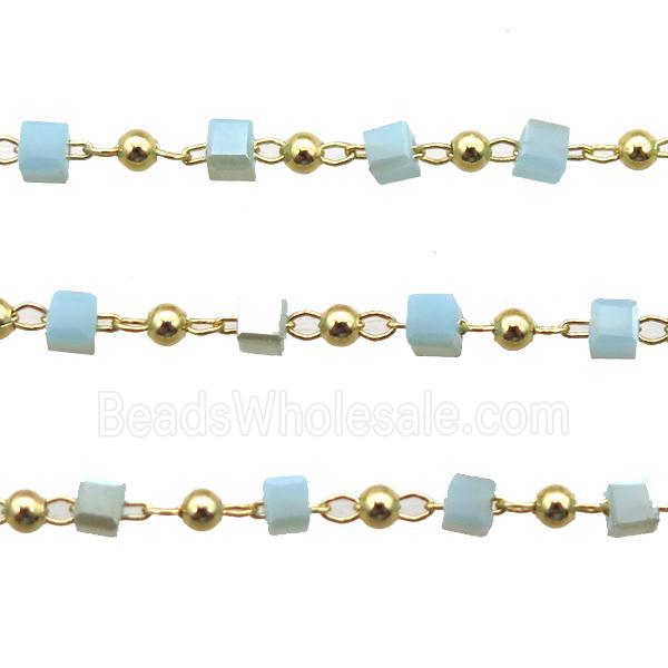 copper chain with blue crystal glass cube beads, gold plated