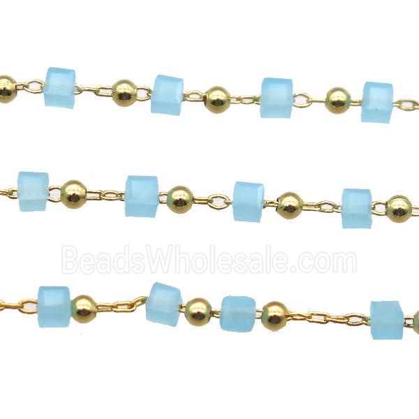 copper chain with blue crystal glass cube beads, gold plated