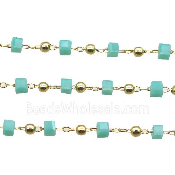 copper chain with green crystal glass cube beads, gold plated