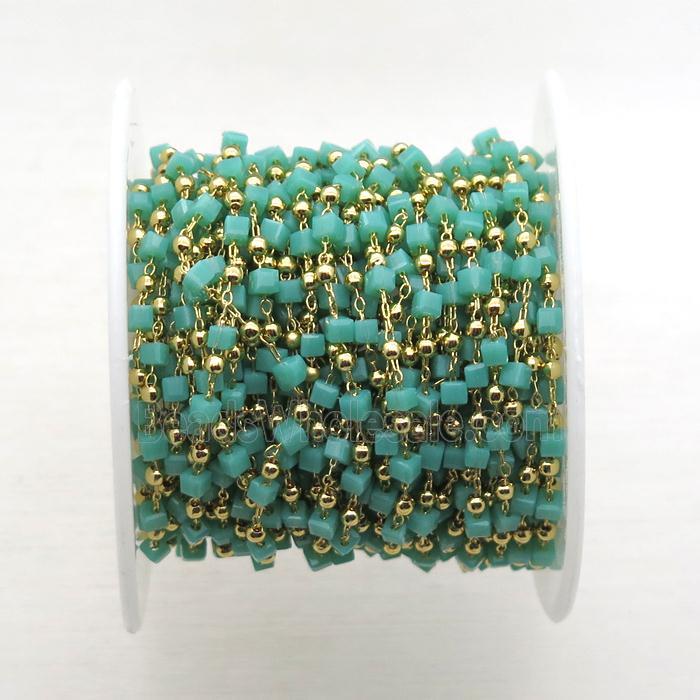 copper chain with green crystal glass cube beads, gold plated