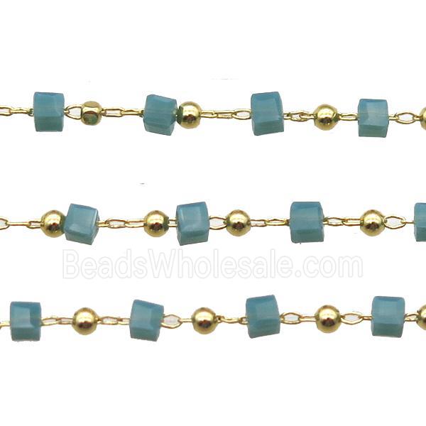 copper chain with green crystal glass cube beads, gold plated