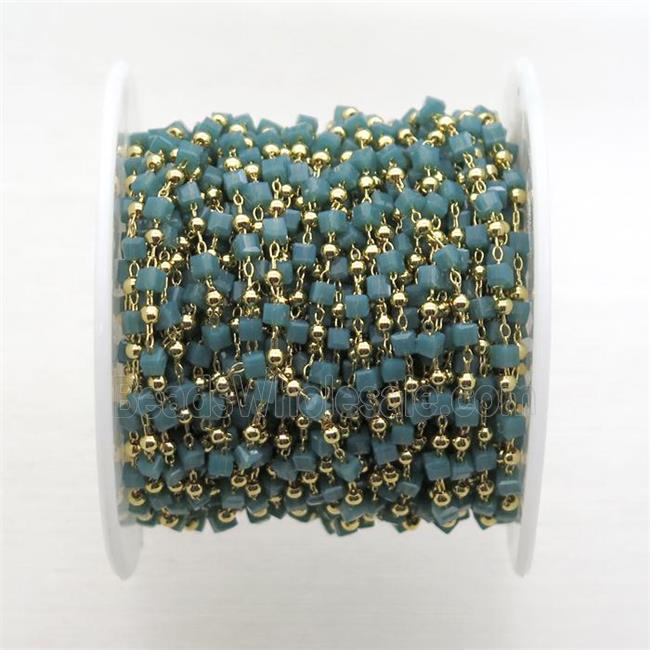 copper chain with green crystal glass cube beads, gold plated