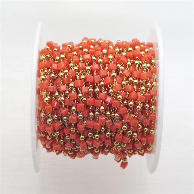 copper chain with red crystal glass cube beads, gold plated