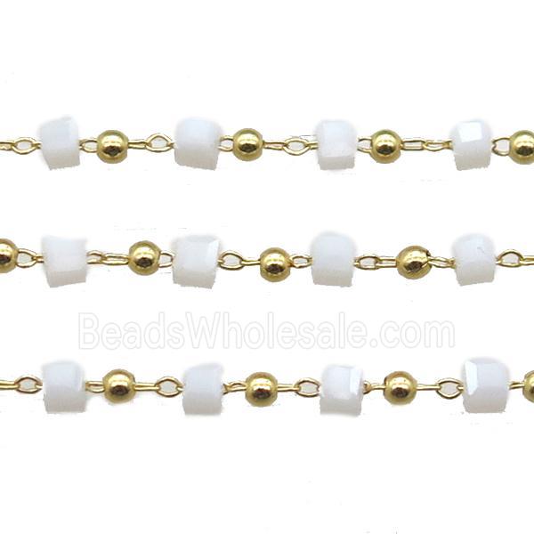 copper chain with white crystal glass cube beads, gold plated