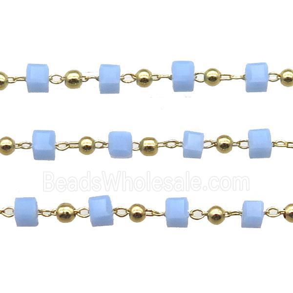 copper chain with blue crystal glass cube beads, gold plated