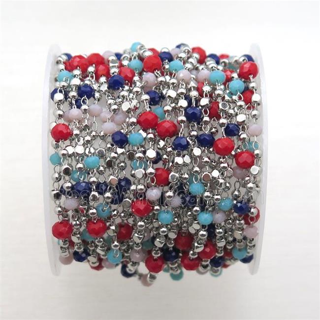 copper chain with crystal glass bead, faceted rondelle, platinum