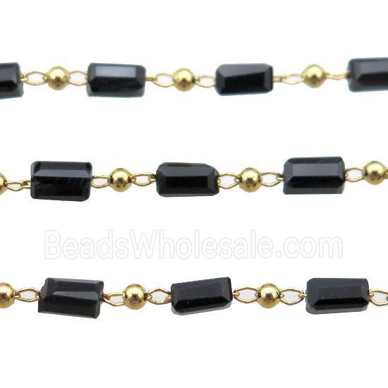 copper chain with black crystal glass beads, tube, gold plated