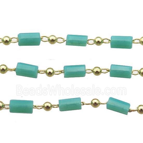 copper chain with green crystal glass beads, tube, gold plated