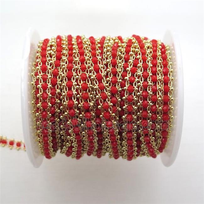 copper chain with red crystal glass beads, tube, gold plated