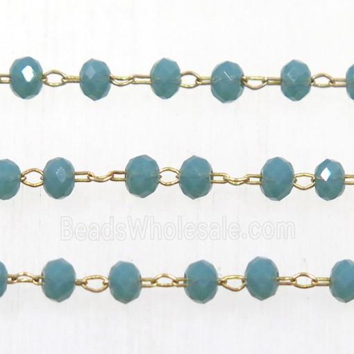 brass chain with peacock green Chinese Crystal Glass rondelle beads