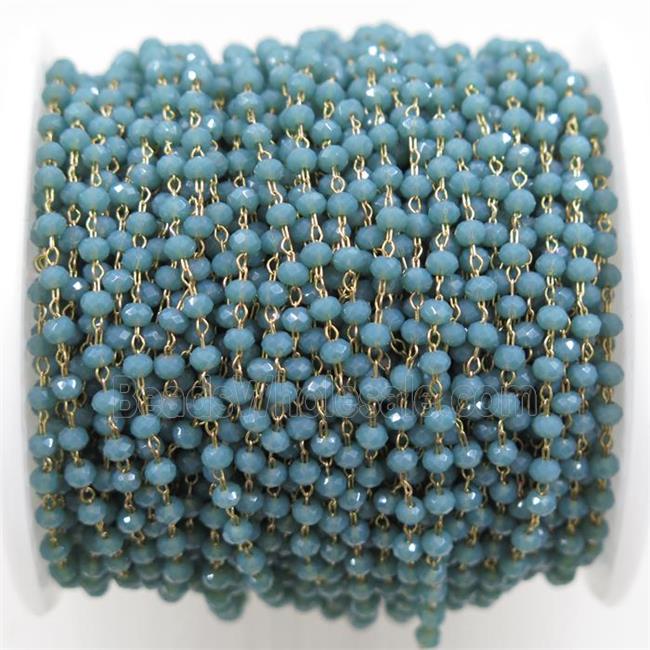 brass chain with peacock green Chinese Crystal Glass rondelle beads