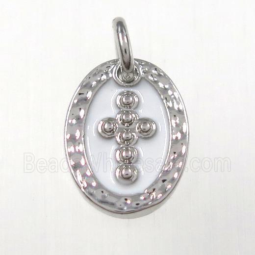 copper oval cross pendants, enamel, platinum plated