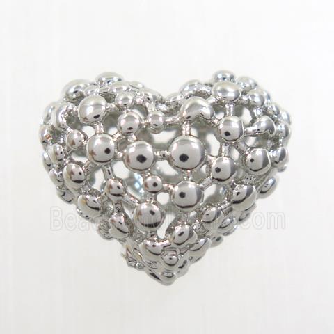 copper heart beads, hollow, platinum plated