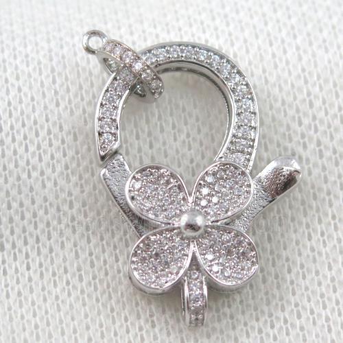 copper Lobster Clasp paved zircon, clover, platinum plated