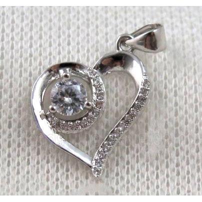 copper heart pendant paved zircon, platinum plated