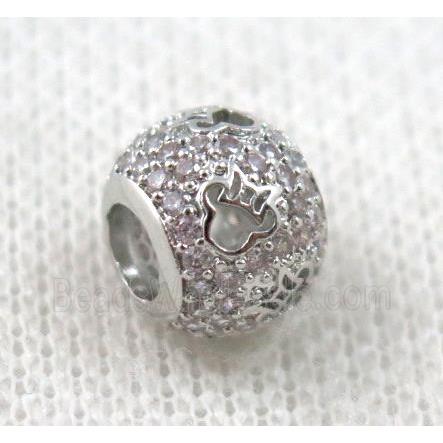 round copper bead paved zircon, hollow, platinum plated