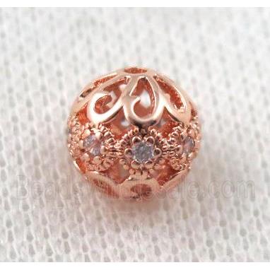 round copper bead paved zircon, hollow, rose gold