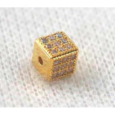 copper cube beads paved zircon, gold plated