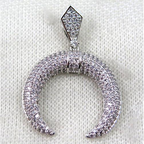 copper crescent moon pendant paved zircon, platinum plated