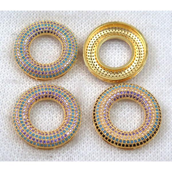 copper donut pendant paved zircon, gold plated, mix color