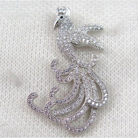 copper peacock pendant paved zircon, platinum plated