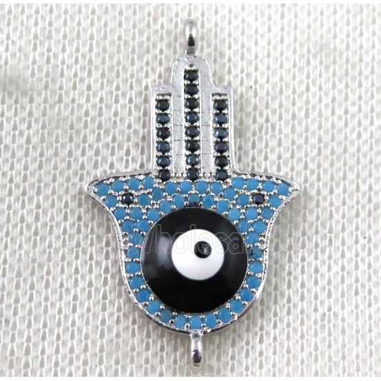 copper hamsahand connector paved zircon with evil eye, platinum plated