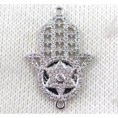 copper hamsahand connector paved zircon, platinum plated