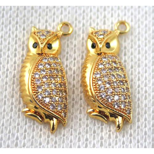 copper owl pendant paved zircon, gold plated