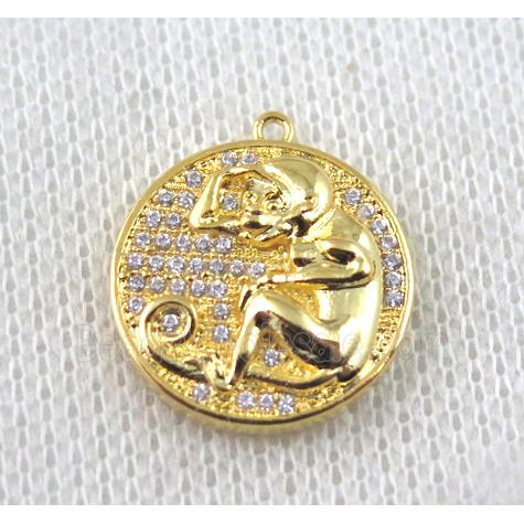 copper Zodiac Monkey pendant paved zircon, gold plated