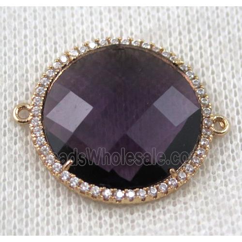 purple Chinese Crystal Glass connector pave zircon, circle, gold plated